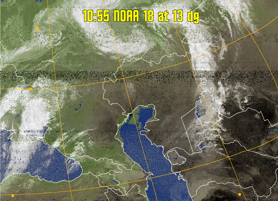 MCIR-precip: 
Colours the NOAA sensor 4 IR image using a map to colour the sea blue and land
green. High clouds appear white, lower clouds gray or land/sea coloured, clouds
generally appear lighter, but distinguishing between land/sea and low cloud may
be difficult. Darker colours indicate warmer regions.