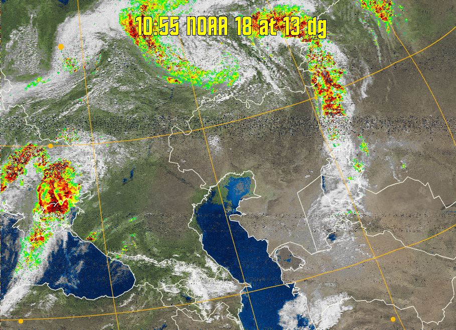 MSA-precip:
Same as MSA multispectral analysis, but high cold cloud tops are coloured the
same as the NO enhancement to give an approximate indication of the probability
and intensity of precipitation.