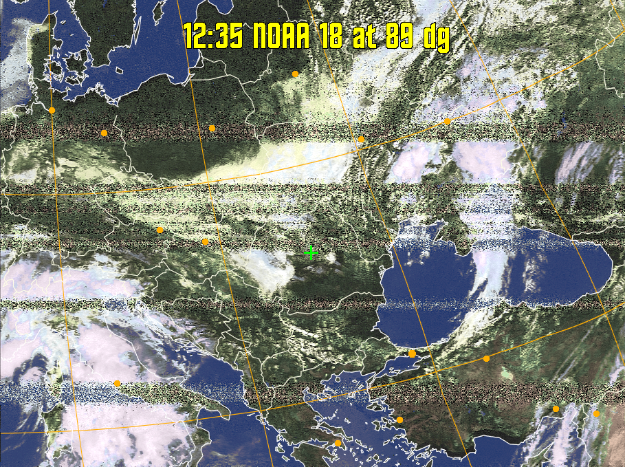 HVCT:
Similar to HVC, but with blue water and with colours more indicative of
land temperatures.
HVC:
Creates a false colour image from NOAA APT images based on temperature using
the HVC colour model. Uses the temperature derived from the sensor 4 image to
select the hue and the brightness from the histogram equalised other image to
select the value and chroma. The HVC colour model attempts to ensure that different colours at the same value will appear to the eye to be the same brightness
and the spacing between colours representing each degree will appear to the eye to
be similar. Bright areas are completely unsaturated in this model.