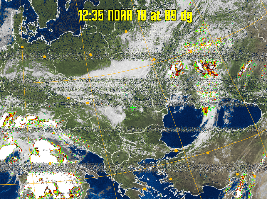 MSA-precip:
Same as MSA multispectral analysis, but high cold cloud tops are coloured the
same as the NO enhancement to give an approximate indication of the probability
and intensity of precipitation.