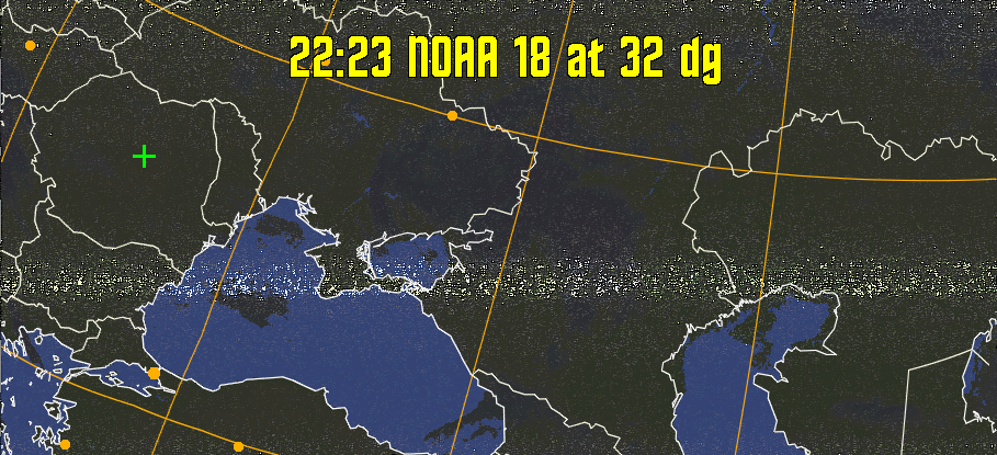 HVCT:
Similar to HVC, but with blue water and with colours more indicative of
land temperatures.
HVC:
Creates a false colour image from NOAA APT images based on temperature using
the HVC colour model. Uses the temperature derived from the sensor 4 image to
select the hue and the brightness from the histogram equalised other image to
select the value and chroma. The HVC colour model attempts to ensure that different colours at the same value will appear to the eye to be the same brightness
and the spacing between colours representing each degree will appear to the eye to
be similar. Bright areas are completely unsaturated in this model.