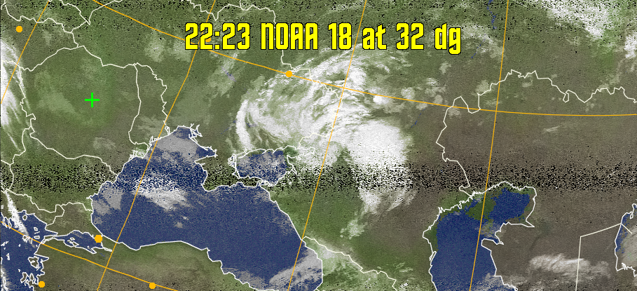 MCIR-precip: 
Colours the NOAA sensor 4 IR image using a map to colour the sea blue and land
green. High clouds appear white, lower clouds gray or land/sea coloured, clouds
generally appear lighter, but distinguishing between land/sea and low cloud may
be difficult. Darker colours indicate warmer regions.