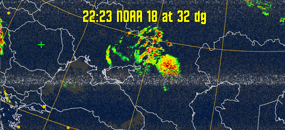 MSA-precip:
Same as MSA multispectral analysis, but high cold cloud tops are coloured the
same as the NO enhancement to give an approximate indication of the probability
and intensity of precipitation.