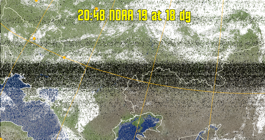 MCIR-precip: 
Colours the NOAA sensor 4 IR image using a map to colour the sea blue and land
green. High clouds appear white, lower clouds gray or land/sea coloured, clouds
generally appear lighter, but distinguishing between land/sea and low cloud may
be difficult. Darker colours indicate warmer regions.