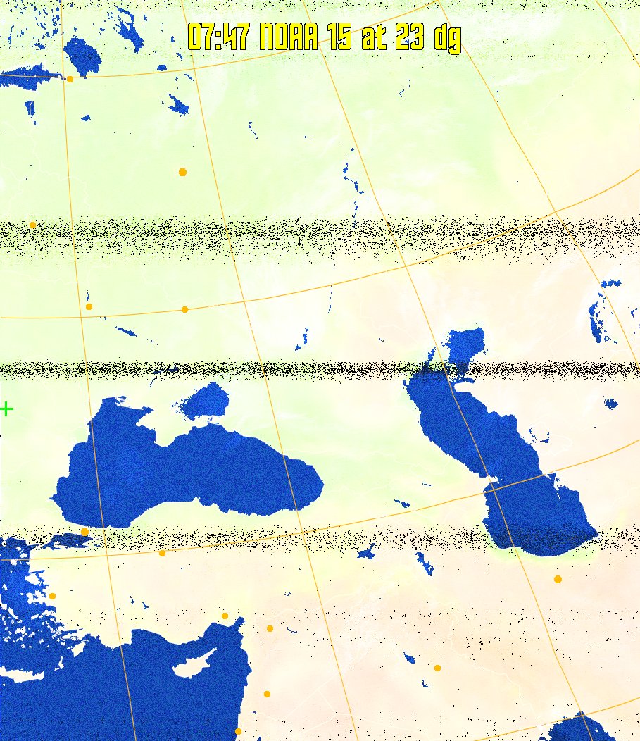 MCIR-precip: 
Colours the NOAA sensor 4 IR image using a map to colour the sea blue and land
green. High clouds appear white, lower clouds gray or land/sea coloured, clouds
generally appear lighter, but distinguishing between land/sea and low cloud may
be difficult. Darker colours indicate warmer regions.