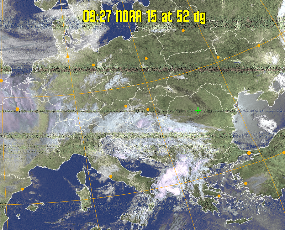 HVCT:
Similar to HVC, but with blue water and with colours more indicative of
land temperatures.
HVC:
Creates a false colour image from NOAA APT images based on temperature using
the HVC colour model. Uses the temperature derived from the sensor 4 image to
select the hue and the brightness from the histogram equalised other image to
select the value and chroma. The HVC colour model attempts to ensure that different colours at the same value will appear to the eye to be the same brightness
and the spacing between colours representing each degree will appear to the eye to
be similar. Bright areas are completely unsaturated in this model.