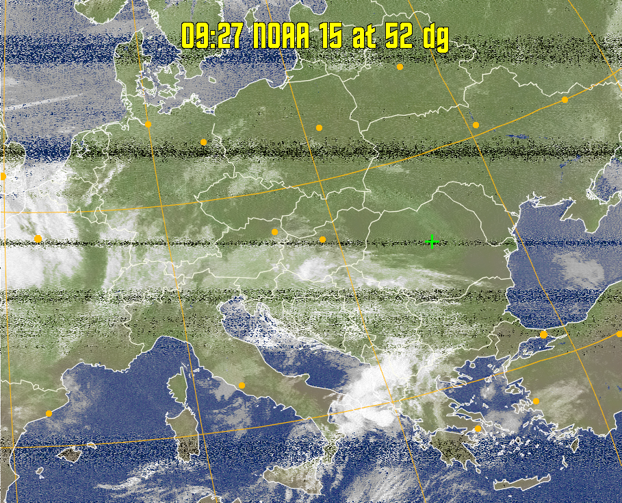 MCIR-precip: 
Colours the NOAA sensor 4 IR image using a map to colour the sea blue and land
green. High clouds appear white, lower clouds gray or land/sea coloured, clouds
generally appear lighter, but distinguishing between land/sea and low cloud may
be difficult. Darker colours indicate warmer regions.