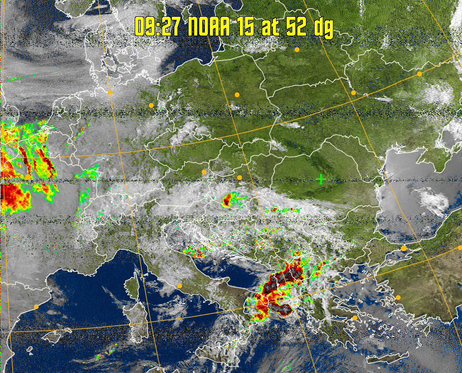 MSA-precip:
Same as MSA multispectral analysis, but high cold cloud tops are coloured the
same as the NO enhancement to give an approximate indication of the probability
and intensity of precipitation.