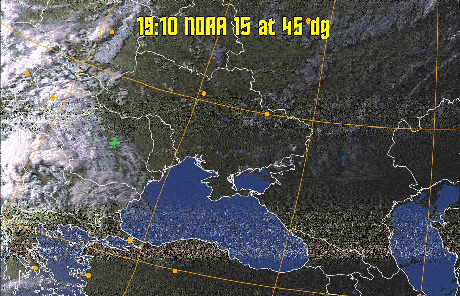 HVCT:
Similar to HVC, but with blue water and with colours more indicative of
land temperatures.
HVC:
Creates a false colour image from NOAA APT images based on temperature using
the HVC colour model. Uses the temperature derived from the sensor 4 image to
select the hue and the brightness from the histogram equalised other image to
select the value and chroma. The HVC colour model attempts to ensure that different colours at the same value will appear to the eye to be the same brightness
and the spacing between colours representing each degree will appear to the eye to
be similar. Bright areas are completely unsaturated in this model.
