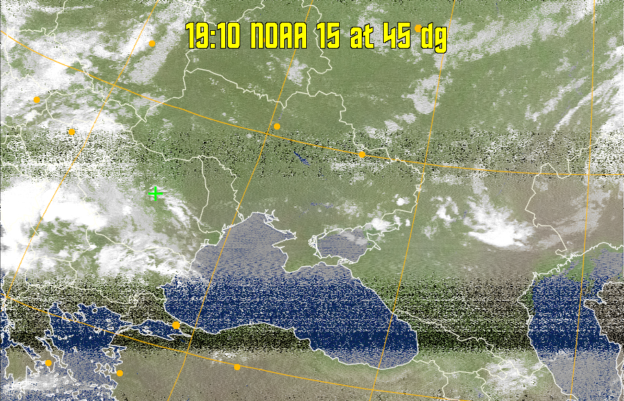 MCIR-precip: 
Colours the NOAA sensor 4 IR image using a map to colour the sea blue and land
green. High clouds appear white, lower clouds gray or land/sea coloured, clouds
generally appear lighter, but distinguishing between land/sea and low cloud may
be difficult. Darker colours indicate warmer regions.