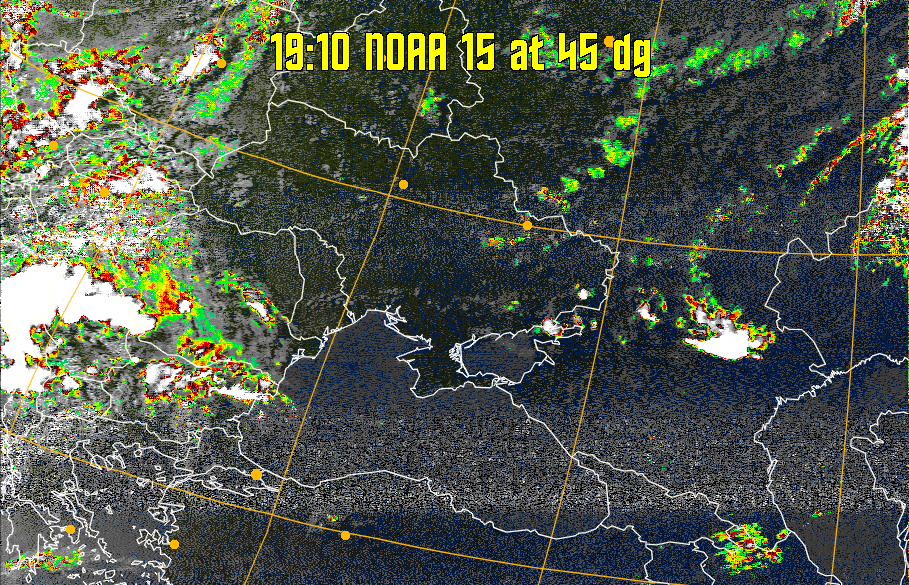 MSA-precip:
Same as MSA multispectral analysis, but high cold cloud tops are coloured the
same as the NO enhancement to give an approximate indication of the probability
and intensity of precipitation.