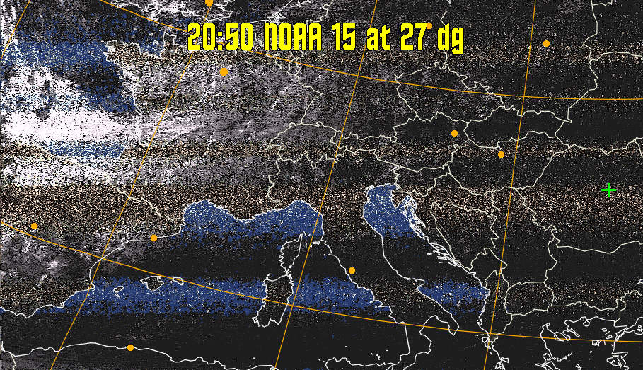HVCT:
Similar to HVC, but with blue water and with colours more indicative of
land temperatures.
HVC:
Creates a false colour image from NOAA APT images based on temperature using
the HVC colour model. Uses the temperature derived from the sensor 4 image to
select the hue and the brightness from the histogram equalised other image to
select the value and chroma. The HVC colour model attempts to ensure that different colours at the same value will appear to the eye to be the same brightness
and the spacing between colours representing each degree will appear to the eye to
be similar. Bright areas are completely unsaturated in this model.