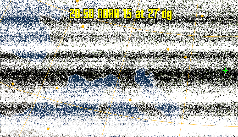 MCIR-precip: 
Colours the NOAA sensor 4 IR image using a map to colour the sea blue and land
green. High clouds appear white, lower clouds gray or land/sea coloured, clouds
generally appear lighter, but distinguishing between land/sea and low cloud may
be difficult. Darker colours indicate warmer regions.