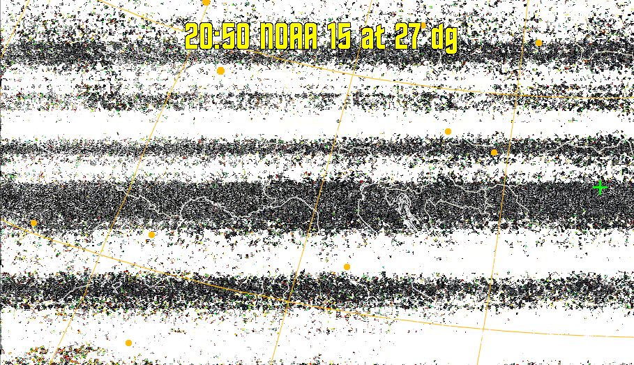 MSA-precip:
Same as MSA multispectral analysis, but high cold cloud tops are coloured the
same as the NO enhancement to give an approximate indication of the probability
and intensity of precipitation.
