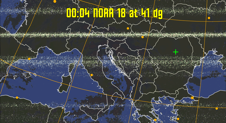 HVCT:
Similar to HVC, but with blue water and with colours more indicative of
land temperatures.
HVC:
Creates a false colour image from NOAA APT images based on temperature using
the HVC colour model. Uses the temperature derived from the sensor 4 image to
select the hue and the brightness from the histogram equalised other image to
select the value and chroma. The HVC colour model attempts to ensure that different colours at the same value will appear to the eye to be the same brightness
and the spacing between colours representing each degree will appear to the eye to
be similar. Bright areas are completely unsaturated in this model.