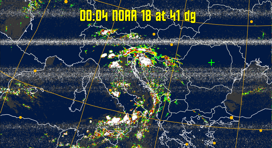 MSA-precip:
Same as MSA multispectral analysis, but high cold cloud tops are coloured the
same as the NO enhancement to give an approximate indication of the probability
and intensity of precipitation.