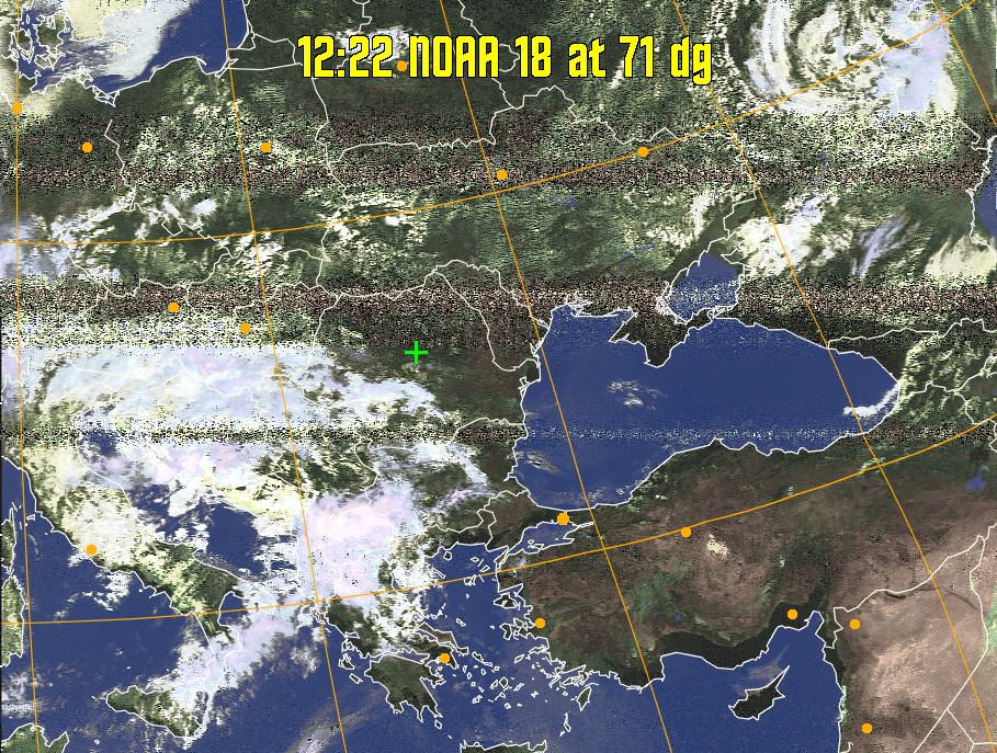 HVCT:
Similar to HVC, but with blue water and with colours more indicative of
land temperatures.
HVC:
Creates a false colour image from NOAA APT images based on temperature using
the HVC colour model. Uses the temperature derived from the sensor 4 image to
select the hue and the brightness from the histogram equalised other image to
select the value and chroma. The HVC colour model attempts to ensure that different colours at the same value will appear to the eye to be the same brightness
and the spacing between colours representing each degree will appear to the eye to
be similar. Bright areas are completely unsaturated in this model.