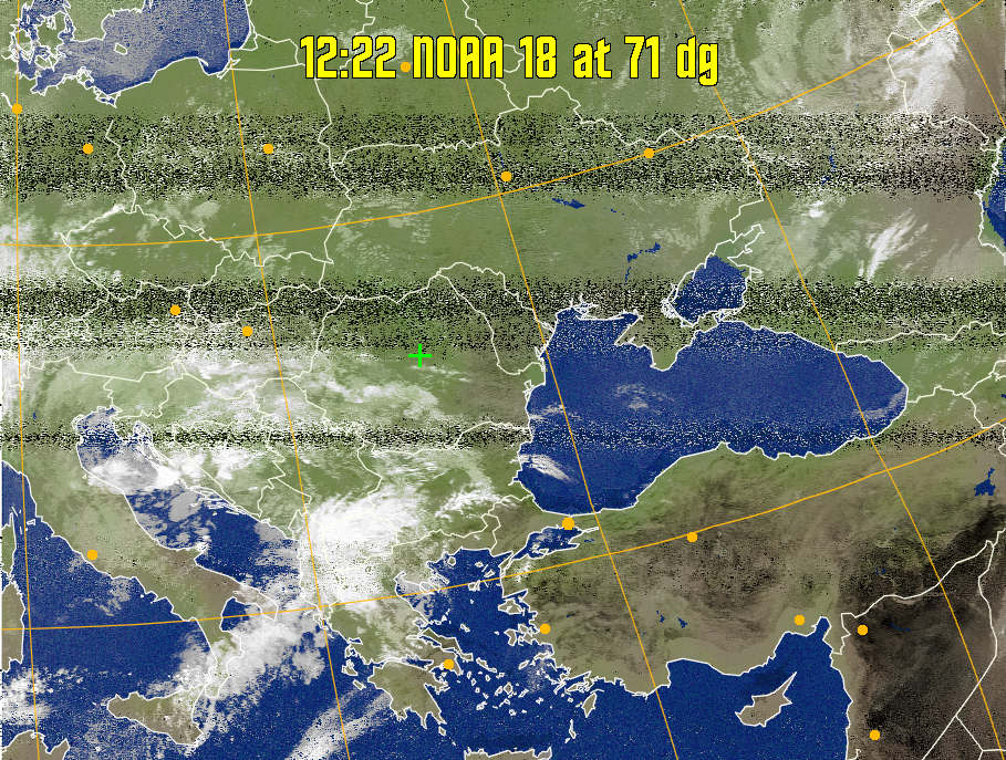 MCIR-precip: 
Colours the NOAA sensor 4 IR image using a map to colour the sea blue and land
green. High clouds appear white, lower clouds gray or land/sea coloured, clouds
generally appear lighter, but distinguishing between land/sea and low cloud may
be difficult. Darker colours indicate warmer regions.