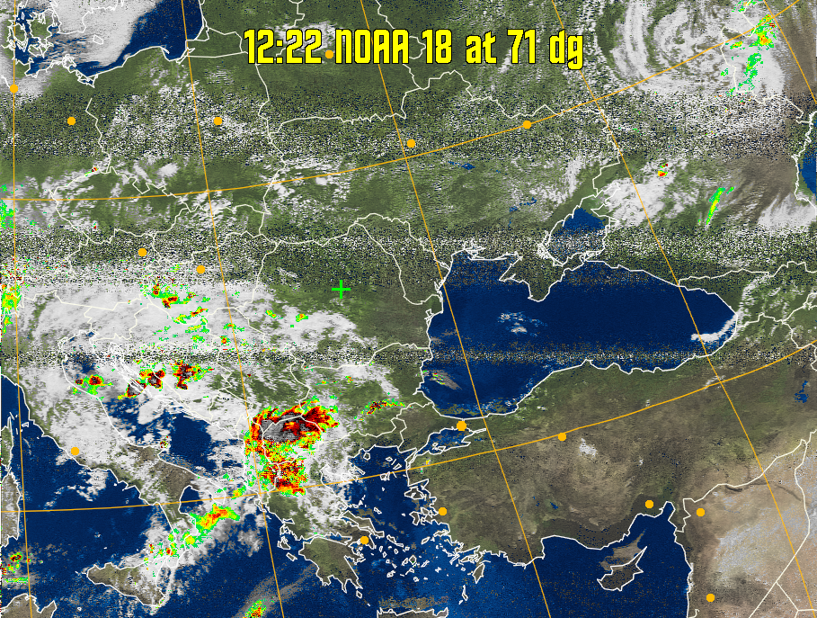 MSA-precip:
Same as MSA multispectral analysis, but high cold cloud tops are coloured the
same as the NO enhancement to give an approximate indication of the probability
and intensity of precipitation.
