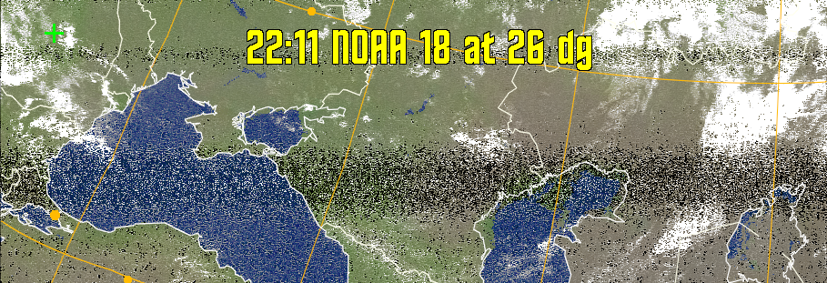 MCIR-precip: 
Colours the NOAA sensor 4 IR image using a map to colour the sea blue and land
green. High clouds appear white, lower clouds gray or land/sea coloured, clouds
generally appear lighter, but distinguishing between land/sea and low cloud may
be difficult. Darker colours indicate warmer regions.