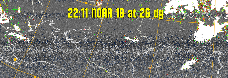 MSA-precip:
Same as MSA multispectral analysis, but high cold cloud tops are coloured the
same as the NO enhancement to give an approximate indication of the probability
and intensity of precipitation.
