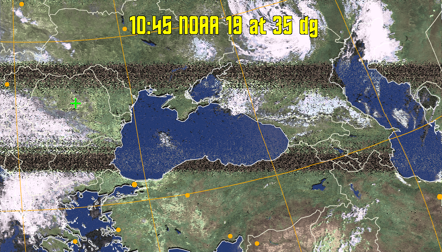 HVCT:
Similar to HVC, but with blue water and with colours more indicative of
land temperatures.
HVC:
Creates a false colour image from NOAA APT images based on temperature using
the HVC colour model. Uses the temperature derived from the sensor 4 image to
select the hue and the brightness from the histogram equalised other image to
select the value and chroma. The HVC colour model attempts to ensure that different colours at the same value will appear to the eye to be the same brightness
and the spacing between colours representing each degree will appear to the eye to
be similar. Bright areas are completely unsaturated in this model.