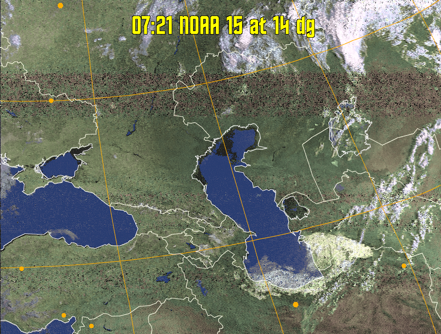 HVCT:
Similar to HVC, but with blue water and with colours more indicative of
land temperatures.
HVC:
Creates a false colour image from NOAA APT images based on temperature using
the HVC colour model. Uses the temperature derived from the sensor 4 image to
select the hue and the brightness from the histogram equalised other image to
select the value and chroma. The HVC colour model attempts to ensure that different colours at the same value will appear to the eye to be the same brightness
and the spacing between colours representing each degree will appear to the eye to
be similar. Bright areas are completely unsaturated in this model.