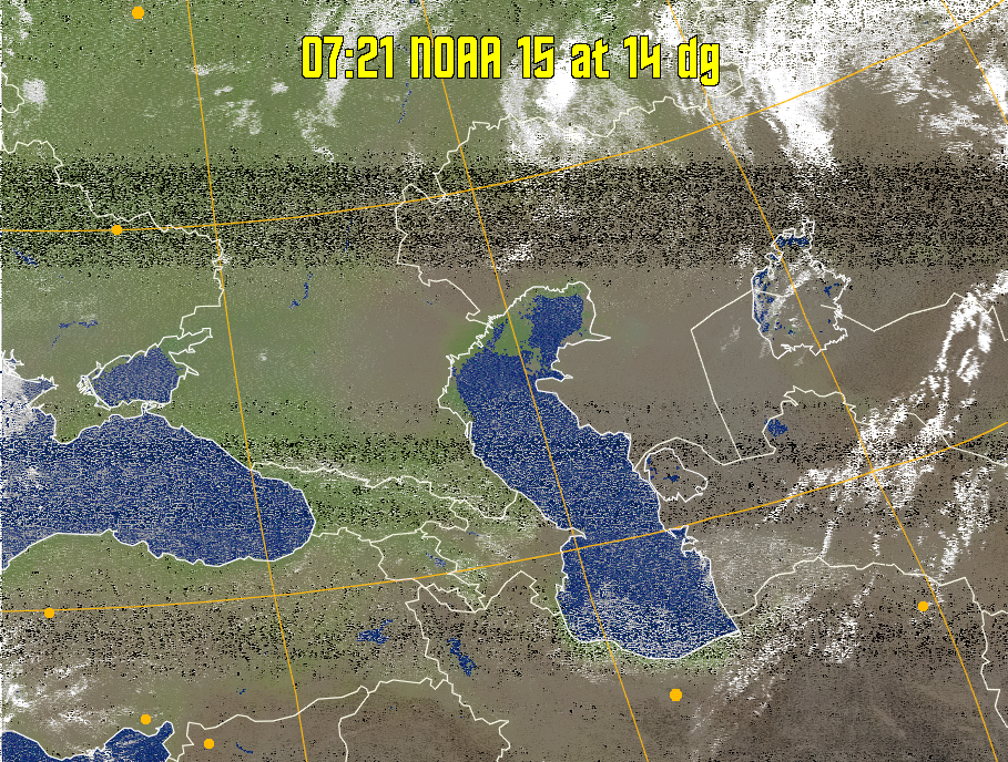 MCIR-precip: 
Colours the NOAA sensor 4 IR image using a map to colour the sea blue and land
green. High clouds appear white, lower clouds gray or land/sea coloured, clouds
generally appear lighter, but distinguishing between land/sea and low cloud may
be difficult. Darker colours indicate warmer regions.