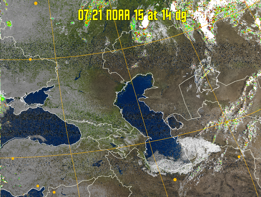 MSA-precip:
Same as MSA multispectral analysis, but high cold cloud tops are coloured the
same as the NO enhancement to give an approximate indication of the probability
and intensity of precipitation.