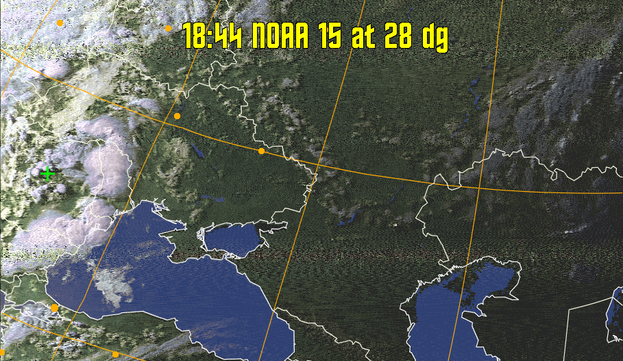 HVCT:
Similar to HVC, but with blue water and with colours more indicative of
land temperatures.
HVC:
Creates a false colour image from NOAA APT images based on temperature using
the HVC colour model. Uses the temperature derived from the sensor 4 image to
select the hue and the brightness from the histogram equalised other image to
select the value and chroma. The HVC colour model attempts to ensure that different colours at the same value will appear to the eye to be the same brightness
and the spacing between colours representing each degree will appear to the eye to
be similar. Bright areas are completely unsaturated in this model.