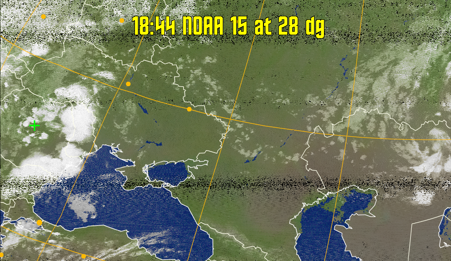 MCIR-precip: 
Colours the NOAA sensor 4 IR image using a map to colour the sea blue and land
green. High clouds appear white, lower clouds gray or land/sea coloured, clouds
generally appear lighter, but distinguishing between land/sea and low cloud may
be difficult. Darker colours indicate warmer regions.