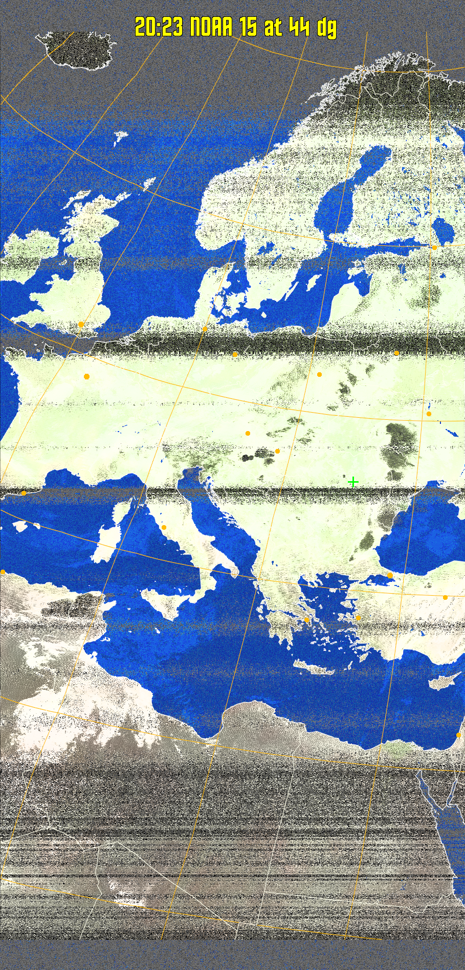 MCIR-precip: 
Colours the NOAA sensor 4 IR image using a map to colour the sea blue and land
green. High clouds appear white, lower clouds gray or land/sea coloured, clouds
generally appear lighter, but distinguishing between land/sea and low cloud may
be difficult. Darker colours indicate warmer regions.