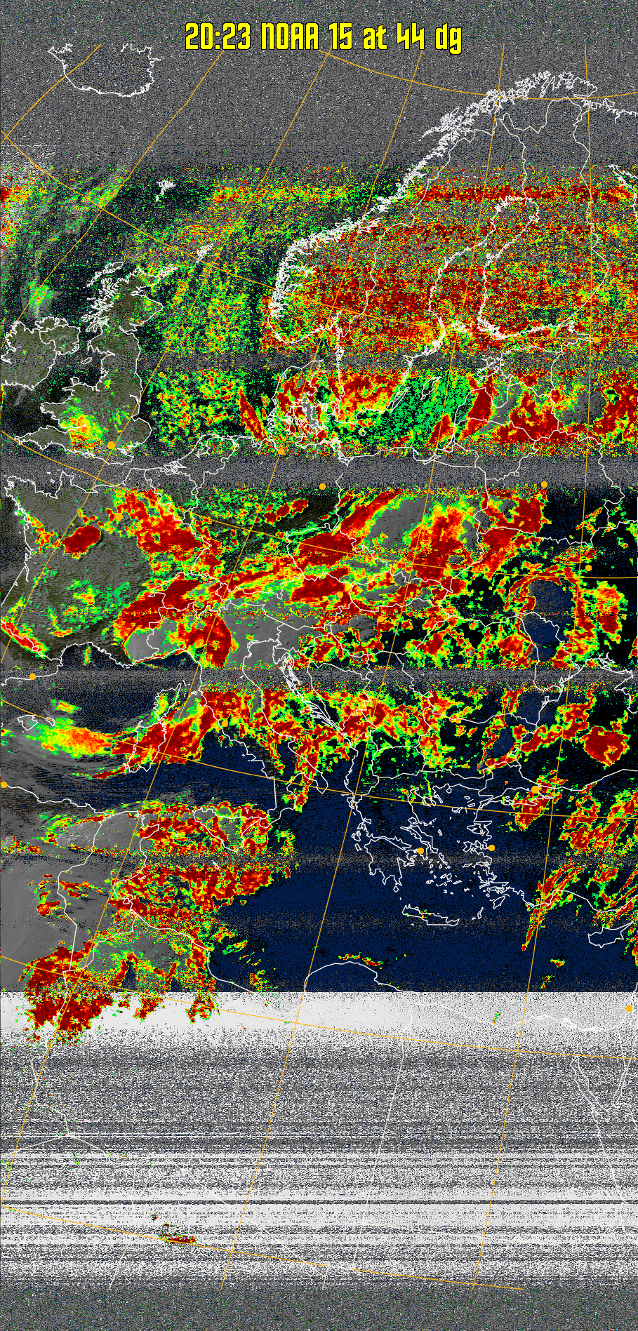 MSA-precip:
Same as MSA multispectral analysis, but high cold cloud tops are coloured the
same as the NO enhancement to give an approximate indication of the probability
and intensity of precipitation.
