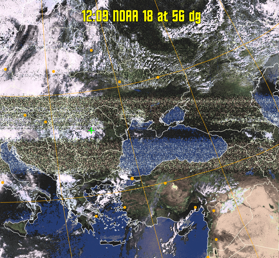 HVCT:
Similar to HVC, but with blue water and with colours more indicative of
land temperatures.
HVC:
Creates a false colour image from NOAA APT images based on temperature using
the HVC colour model. Uses the temperature derived from the sensor 4 image to
select the hue and the brightness from the histogram equalised other image to
select the value and chroma. The HVC colour model attempts to ensure that different colours at the same value will appear to the eye to be the same brightness
and the spacing between colours representing each degree will appear to the eye to
be similar. Bright areas are completely unsaturated in this model.