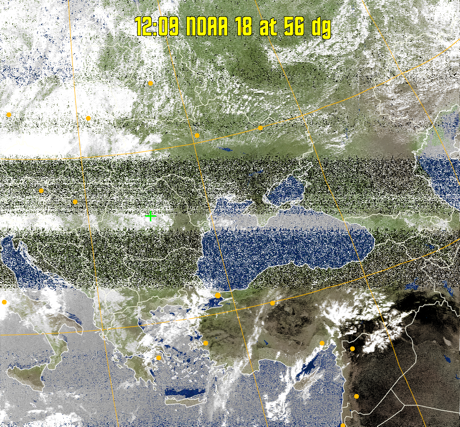 MCIR-precip: 
Colours the NOAA sensor 4 IR image using a map to colour the sea blue and land
green. High clouds appear white, lower clouds gray or land/sea coloured, clouds
generally appear lighter, but distinguishing between land/sea and low cloud may
be difficult. Darker colours indicate warmer regions.