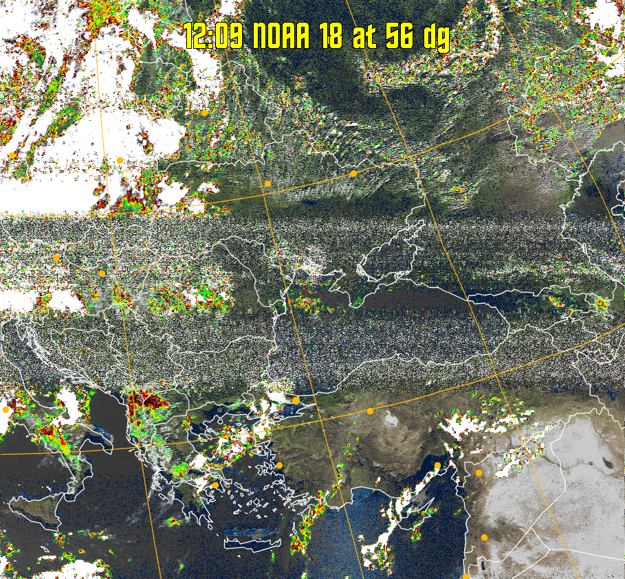 MSA-precip:
Same as MSA multispectral analysis, but high cold cloud tops are coloured the
same as the NO enhancement to give an approximate indication of the probability
and intensity of precipitation.