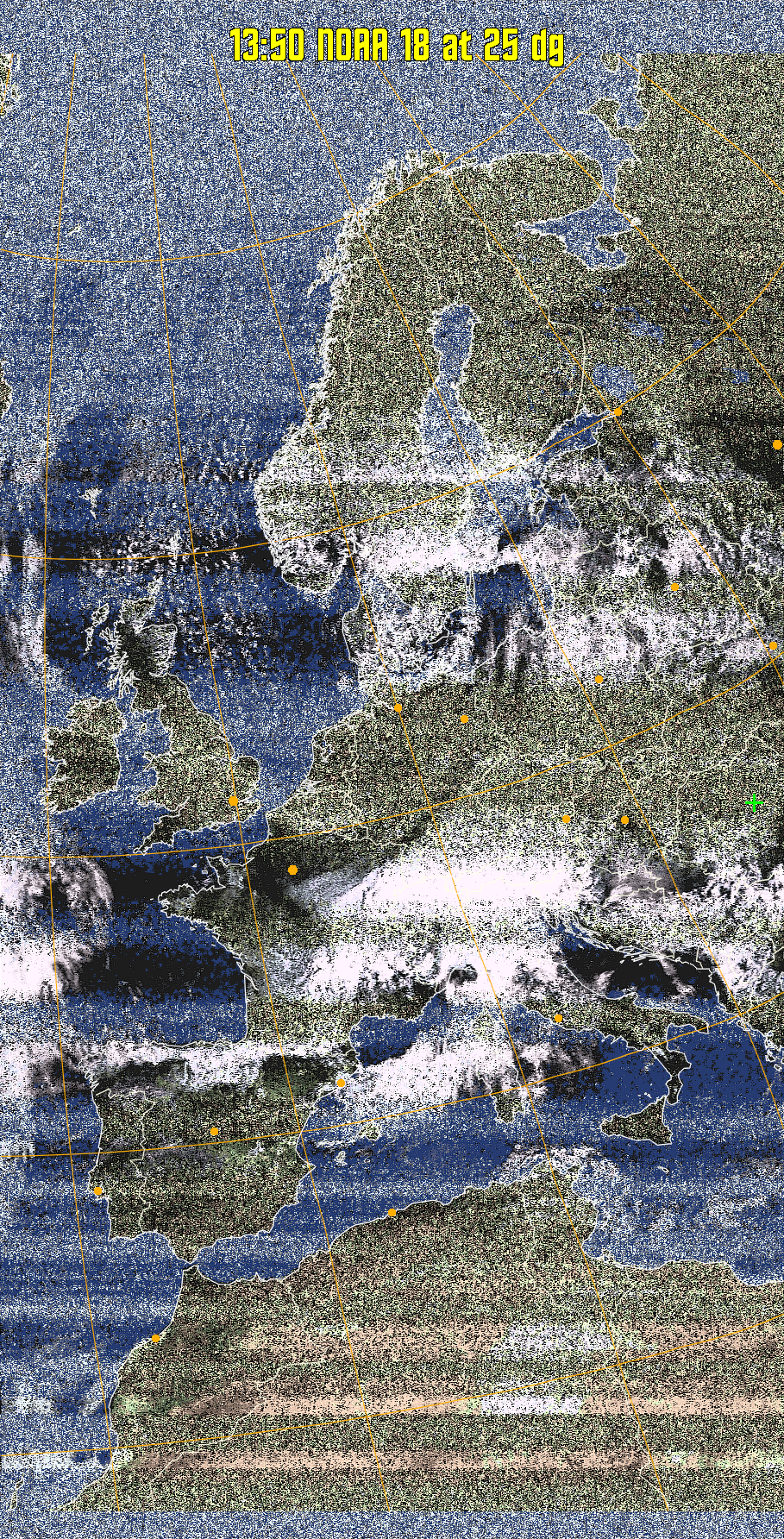 HVCT:
Similar to HVC, but with blue water and with colours more indicative of
land temperatures.
HVC:
Creates a false colour image from NOAA APT images based on temperature using
the HVC colour model. Uses the temperature derived from the sensor 4 image to
select the hue and the brightness from the histogram equalised other image to
select the value and chroma. The HVC colour model attempts to ensure that different colours at the same value will appear to the eye to be the same brightness
and the spacing between colours representing each degree will appear to the eye to
be similar. Bright areas are completely unsaturated in this model.