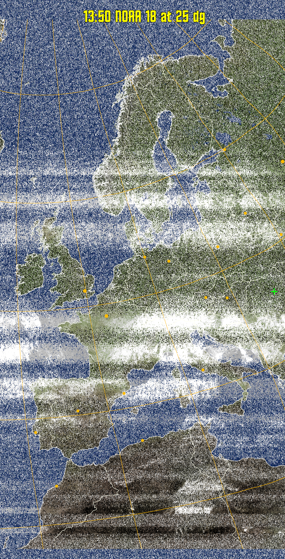 MCIR-precip: 
Colours the NOAA sensor 4 IR image using a map to colour the sea blue and land
green. High clouds appear white, lower clouds gray or land/sea coloured, clouds
generally appear lighter, but distinguishing between land/sea and low cloud may
be difficult. Darker colours indicate warmer regions.
