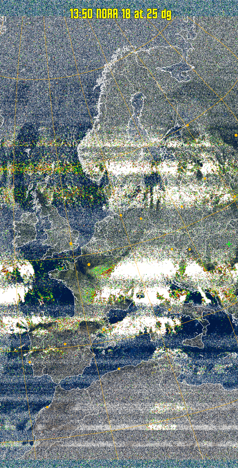 MSA-precip:
Same as MSA multispectral analysis, but high cold cloud tops are coloured the
same as the NO enhancement to give an approximate indication of the probability
and intensity of precipitation.