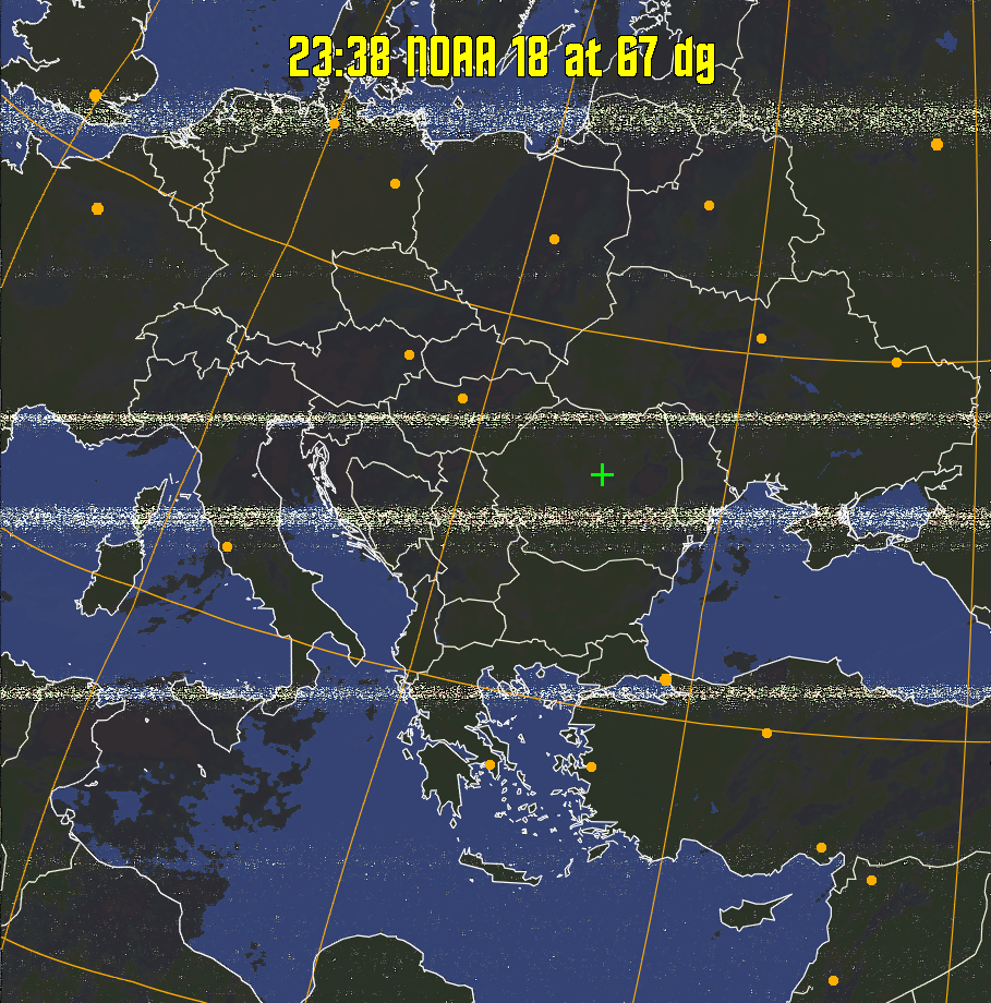 HVCT:
Similar to HVC, but with blue water and with colours more indicative of
land temperatures.
HVC:
Creates a false colour image from NOAA APT images based on temperature using
the HVC colour model. Uses the temperature derived from the sensor 4 image to
select the hue and the brightness from the histogram equalised other image to
select the value and chroma. The HVC colour model attempts to ensure that different colours at the same value will appear to the eye to be the same brightness
and the spacing between colours representing each degree will appear to the eye to
be similar. Bright areas are completely unsaturated in this model.