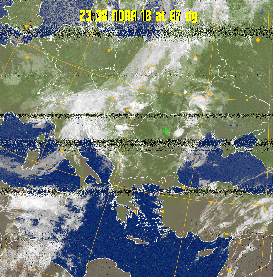 MCIR-precip: 
Colours the NOAA sensor 4 IR image using a map to colour the sea blue and land
green. High clouds appear white, lower clouds gray or land/sea coloured, clouds
generally appear lighter, but distinguishing between land/sea and low cloud may
be difficult. Darker colours indicate warmer regions.