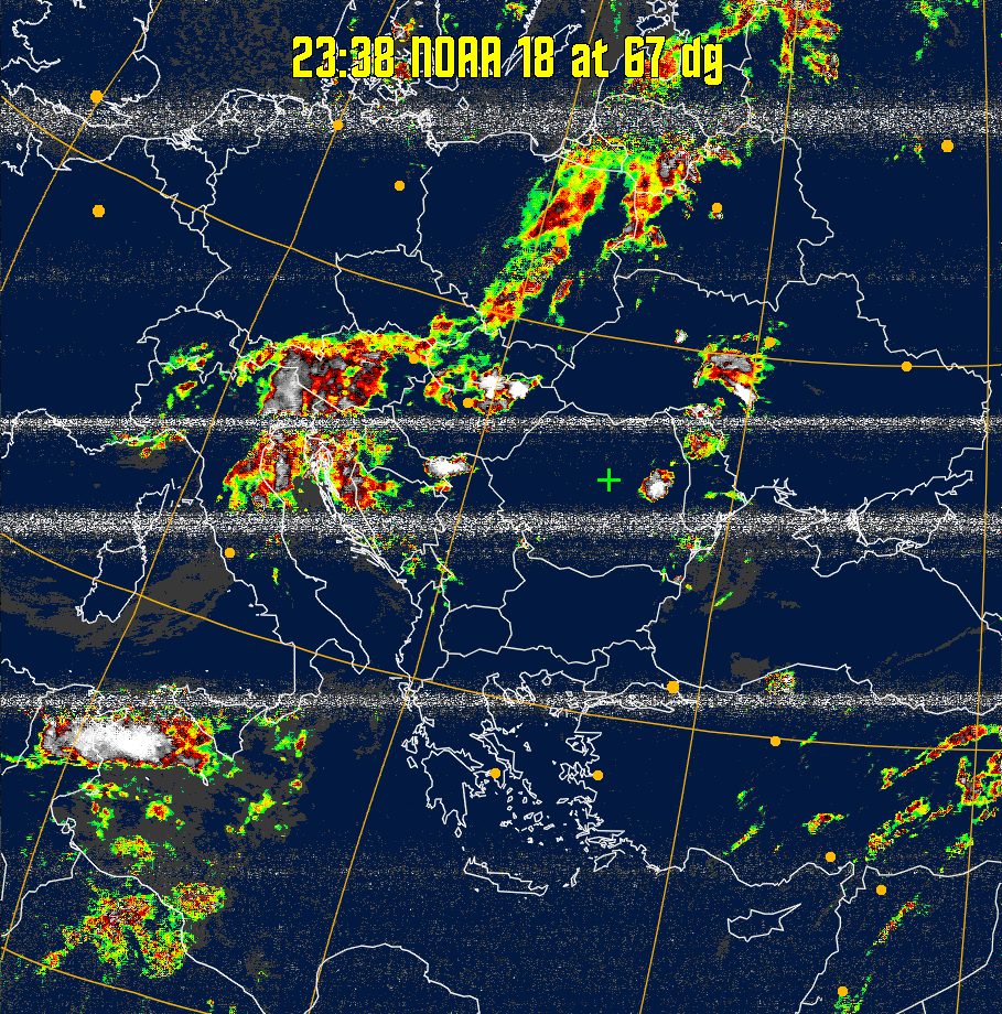 MSA-precip:
Same as MSA multispectral analysis, but high cold cloud tops are coloured the
same as the NO enhancement to give an approximate indication of the probability
and intensity of precipitation.