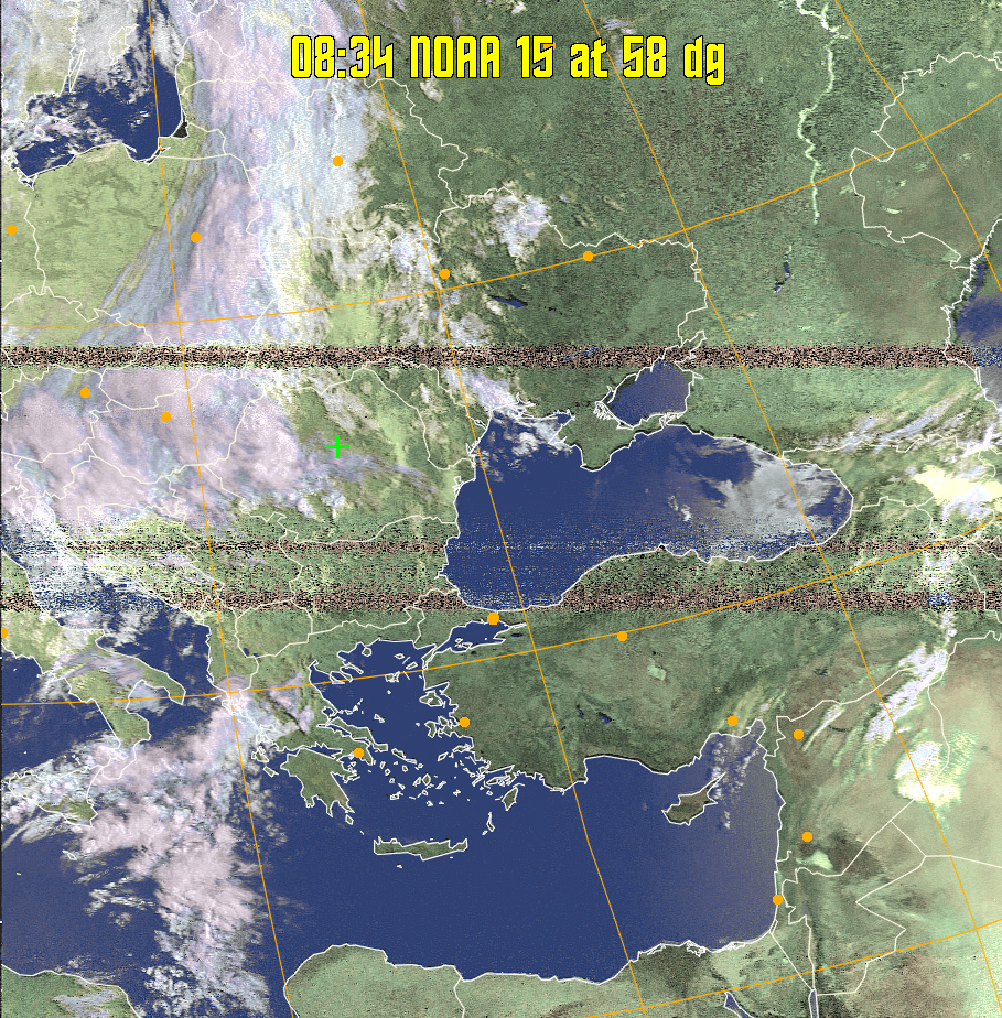 HVCT:
Similar to HVC, but with blue water and with colours more indicative of
land temperatures.
HVC:
Creates a false colour image from NOAA APT images based on temperature using
the HVC colour model. Uses the temperature derived from the sensor 4 image to
select the hue and the brightness from the histogram equalised other image to
select the value and chroma. The HVC colour model attempts to ensure that different colours at the same value will appear to the eye to be the same brightness
and the spacing between colours representing each degree will appear to the eye to
be similar. Bright areas are completely unsaturated in this model.