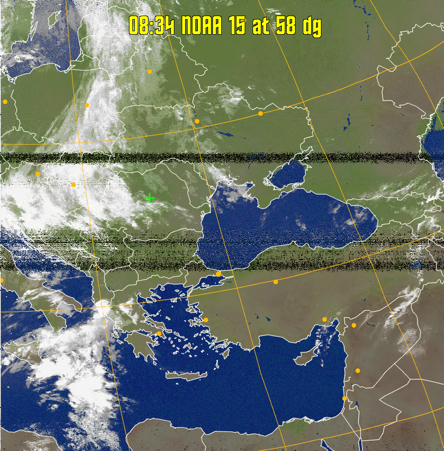 MCIR-precip: 
Colours the NOAA sensor 4 IR image using a map to colour the sea blue and land
green. High clouds appear white, lower clouds gray or land/sea coloured, clouds
generally appear lighter, but distinguishing between land/sea and low cloud may
be difficult. Darker colours indicate warmer regions.
