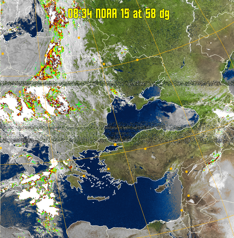 MSA-precip:
Same as MSA multispectral analysis, but high cold cloud tops are coloured the
same as the NO enhancement to give an approximate indication of the probability
and intensity of precipitation.