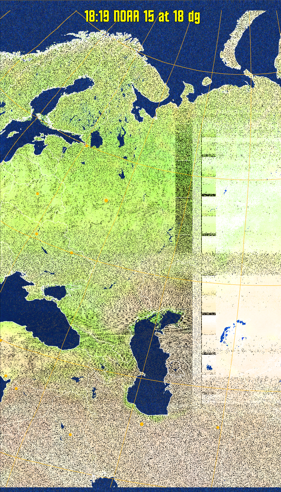 MCIR-precip: 
Colours the NOAA sensor 4 IR image using a map to colour the sea blue and land
green. High clouds appear white, lower clouds gray or land/sea coloured, clouds
generally appear lighter, but distinguishing between land/sea and low cloud may
be difficult. Darker colours indicate warmer regions.