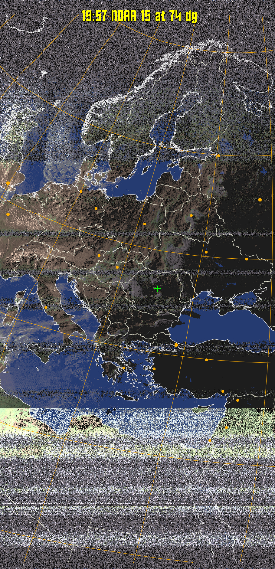 HVCT:
Similar to HVC, but with blue water and with colours more indicative of
land temperatures.
HVC:
Creates a false colour image from NOAA APT images based on temperature using
the HVC colour model. Uses the temperature derived from the sensor 4 image to
select the hue and the brightness from the histogram equalised other image to
select the value and chroma. The HVC colour model attempts to ensure that different colours at the same value will appear to the eye to be the same brightness
and the spacing between colours representing each degree will appear to the eye to
be similar. Bright areas are completely unsaturated in this model.