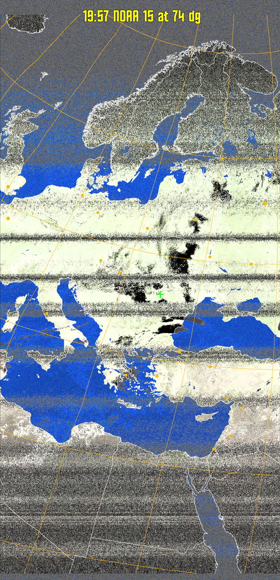 MCIR-precip: 
Colours the NOAA sensor 4 IR image using a map to colour the sea blue and land
green. High clouds appear white, lower clouds gray or land/sea coloured, clouds
generally appear lighter, but distinguishing between land/sea and low cloud may
be difficult. Darker colours indicate warmer regions.