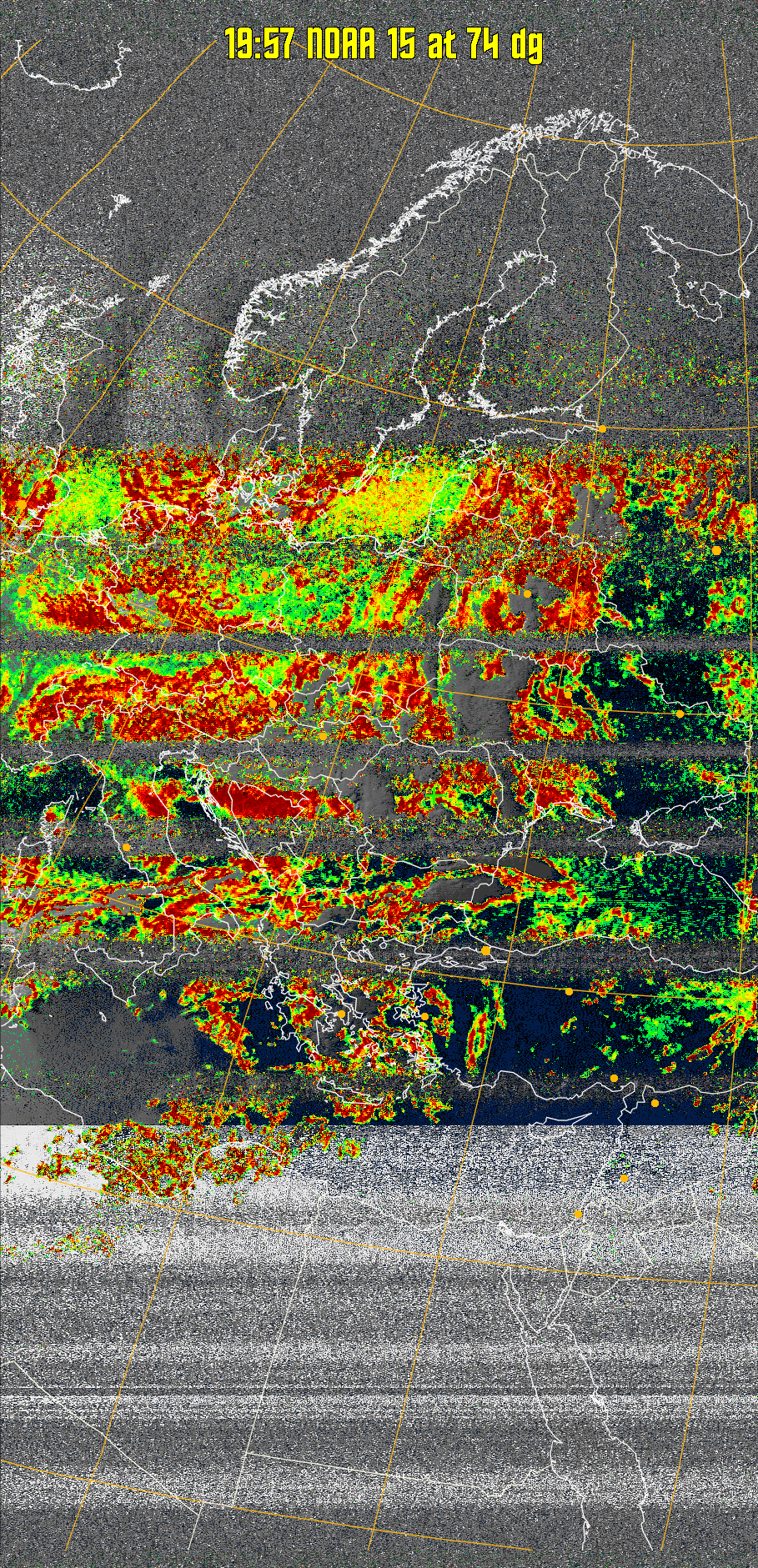 MSA-precip:
Same as MSA multispectral analysis, but high cold cloud tops are coloured the
same as the NO enhancement to give an approximate indication of the probability
and intensity of precipitation.