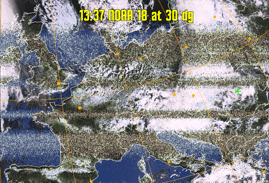 HVCT:
Similar to HVC, but with blue water and with colours more indicative of
land temperatures.
HVC:
Creates a false colour image from NOAA APT images based on temperature using
the HVC colour model. Uses the temperature derived from the sensor 4 image to
select the hue and the brightness from the histogram equalised other image to
select the value and chroma. The HVC colour model attempts to ensure that different colours at the same value will appear to the eye to be the same brightness
and the spacing between colours representing each degree will appear to the eye to
be similar. Bright areas are completely unsaturated in this model.